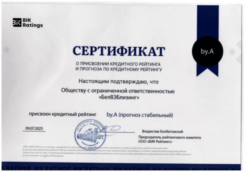 Сертификат о присвоении кредитного рейтинга и прогноза по кредитному рейтингу